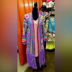 “Not your Mama’s Duster” Colorful Crochet Cardigan with Fringe